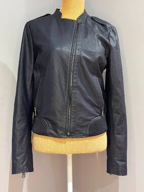 Banana Republic Navy Vegan Leather Moto Jacket Snap Collar Size Medium M